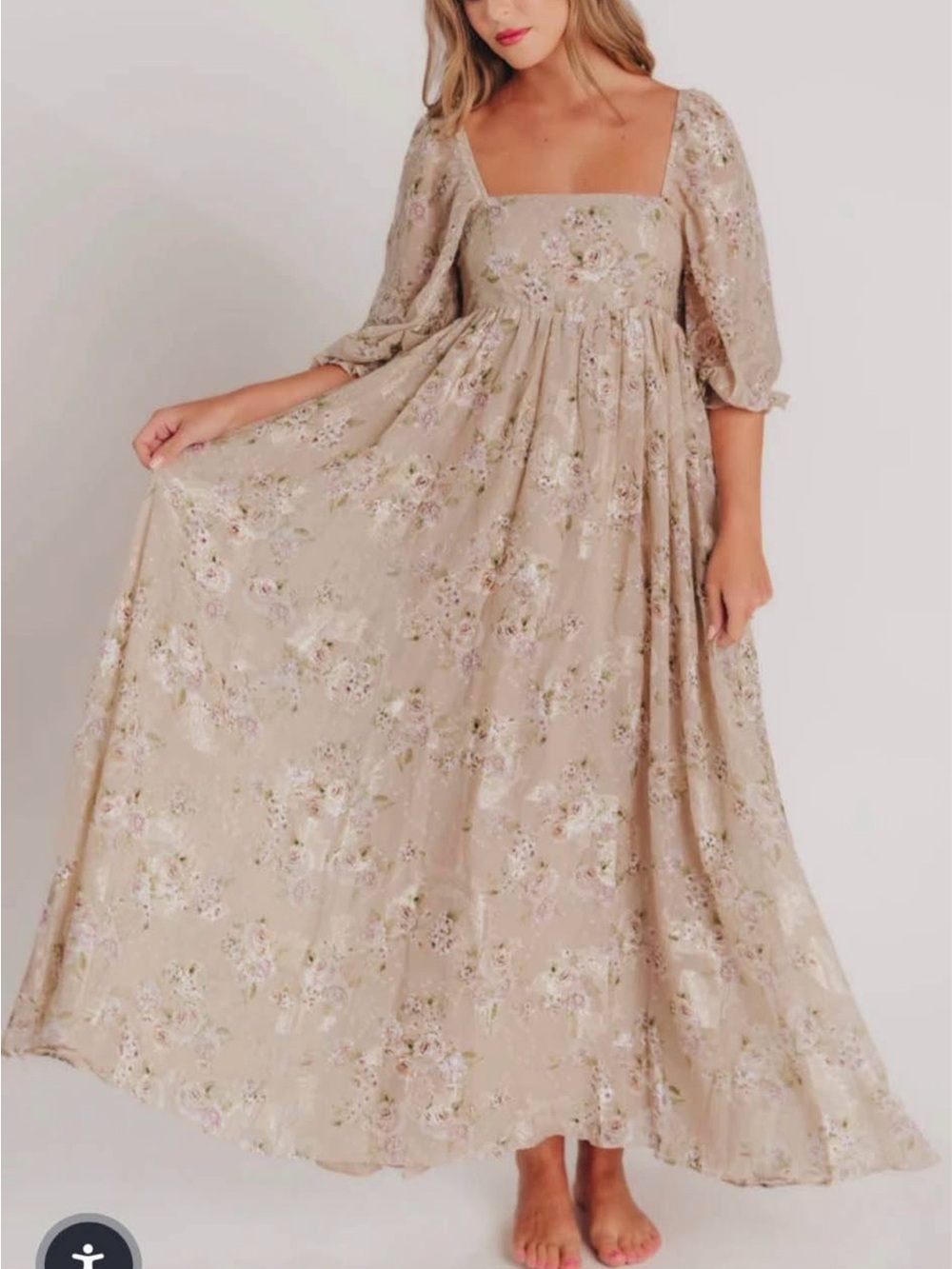 Neutral Floral Square-Neck Maxi Dress with Puff Sleeves